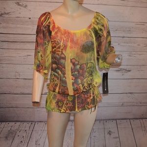 Fleurish Yellow Floral Peasant Boho Blouse NWT L